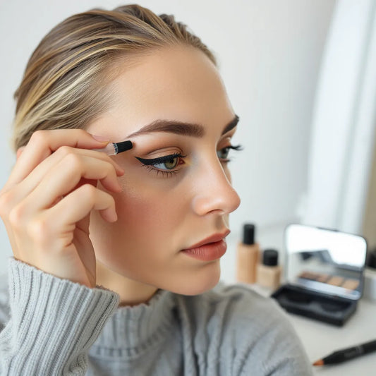 Model applying glue-free strip lashes near the outer corner of the eye with a minimal, clean vanity background.