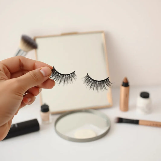 Hand holding thin, lightweight false eyelashes above a clean vanity mirror with soft natural lighting