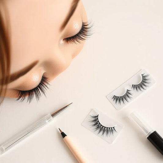Neatly groomed lashes with long-lasting lash sets and tools on a clean vanity