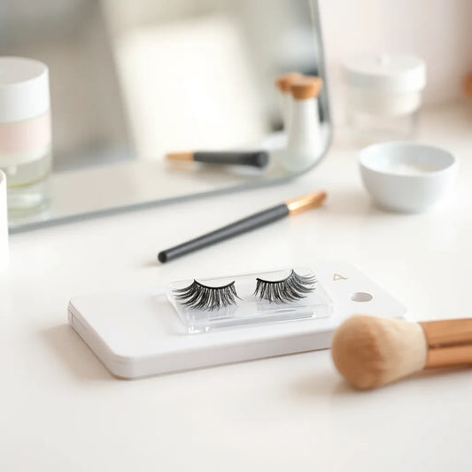 Magnetic eyelashes arranged on a clean vanity with a makeup applicator and soft brush nearby