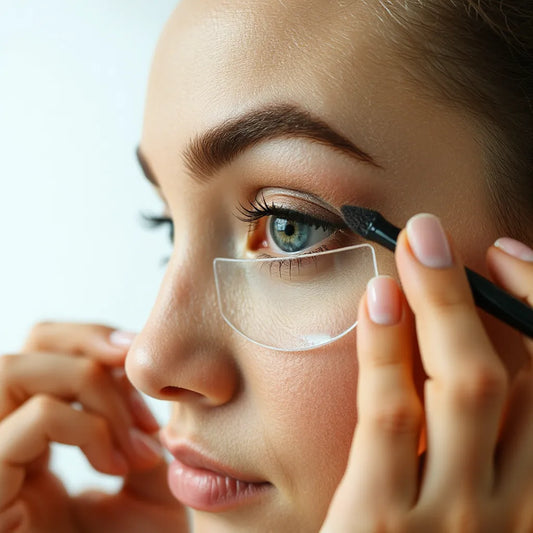 Clear eye shield guard held near the lower lash line while applying eyeliner for neat, controlled makeup