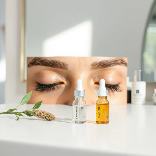 Closed eyes with long natural lashes and a dropper eyelash serum on a clean vanity