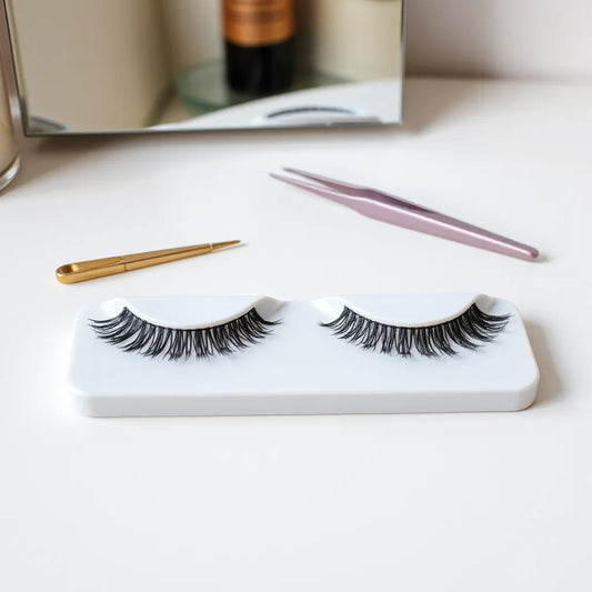 Reusable magnetic lashes laid out on a clean vanity with tweezers nearby