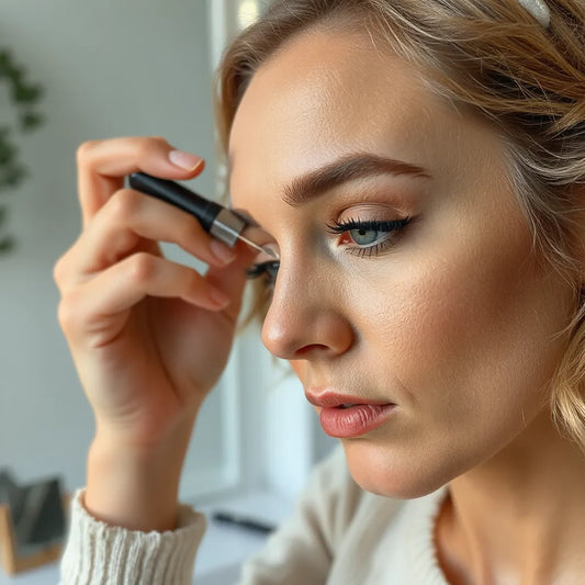 Close-up of a model applying magnetic lashes for a seamless natural lash look