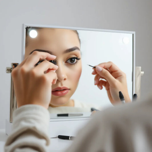 A person gently applying false eyelashes near a vanity mirror with a natural, comfortable look