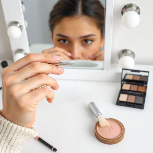 Natural-looking false lashes being applied near the lash line in a bright, clean vanity setting